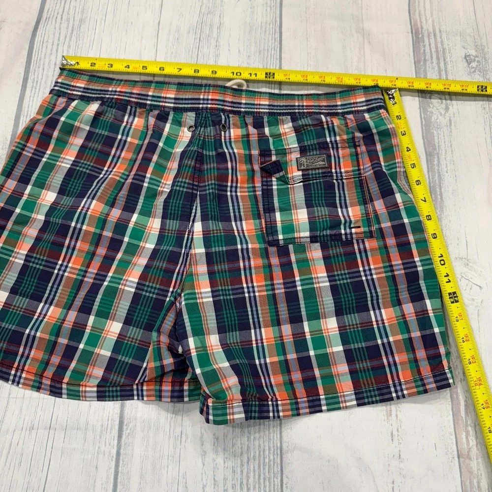 VTG Polo Ralph Lauren Bathing Suit L Swim Trunks Blue Green Plaid Mesh Mens Pony